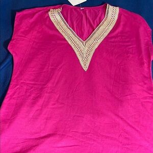 Fuchsia top with crocheted v neckline
